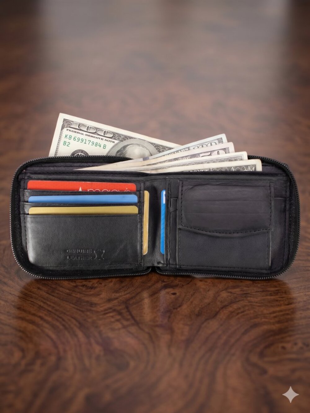 Men Lambskin Leather Bifold Wallet, Black